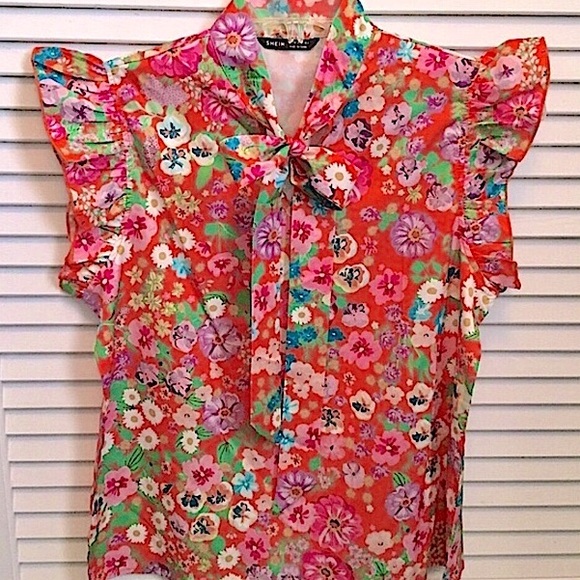 🌸NWOT Orange Floral Silk Bow Tie Ruffle Top (M)🌸 - Picture 14 of 14